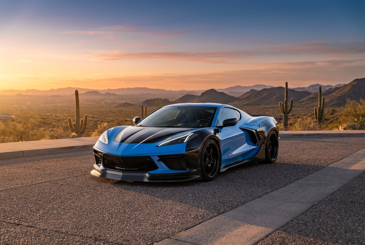 AI-created desert sunset concept based on the blue Cerberus C8 Corvette reference photos