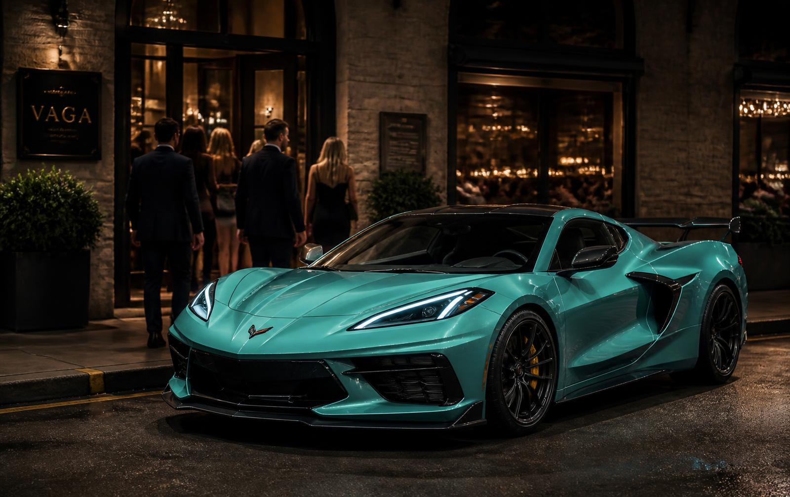 Tiffany-blue widebody C8 Corvette parked outside a busy restaurant entrance at night